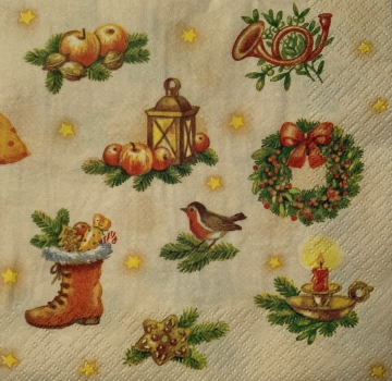 Serviette Weihnachtsmotive Nussknacker, Weihnachtsgans, Trommel, Hintergrund beige, Rarität